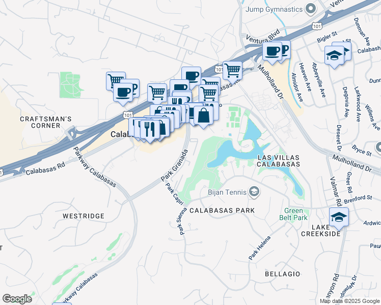 map of restaurants, bars, coffee shops, grocery stores, and more near 4632 Park Granada in Calabasas