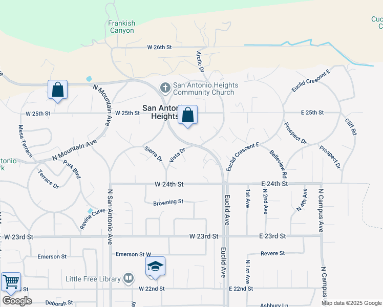 map of restaurants, bars, coffee shops, grocery stores, and more near 2450 Moorea Lane in Upland