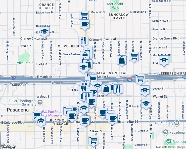 map of restaurants, bars, coffee shops, grocery stores, and more near 387 North Mentor Avenue in Pasadena