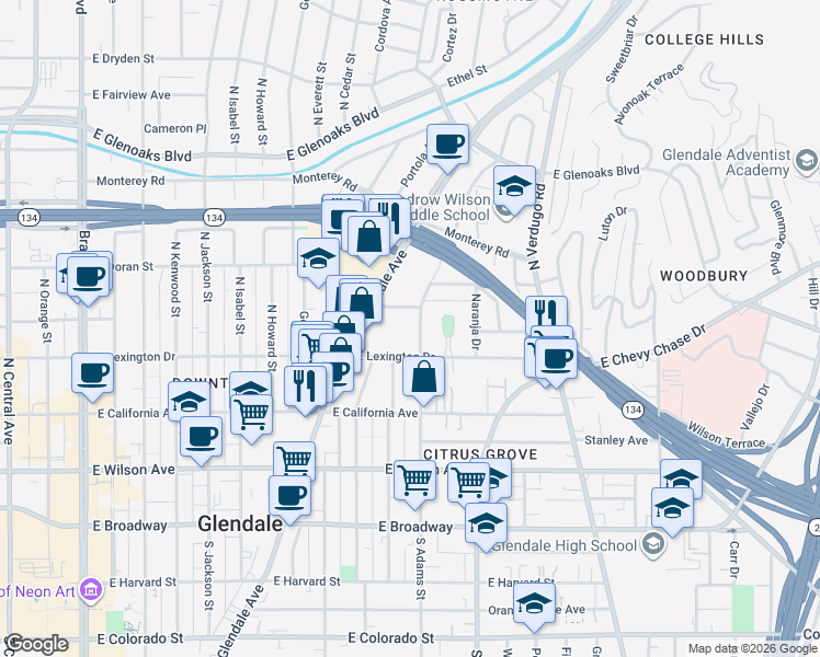 map of restaurants, bars, coffee shops, grocery stores, and more near 427 North Adams Street in Glendale