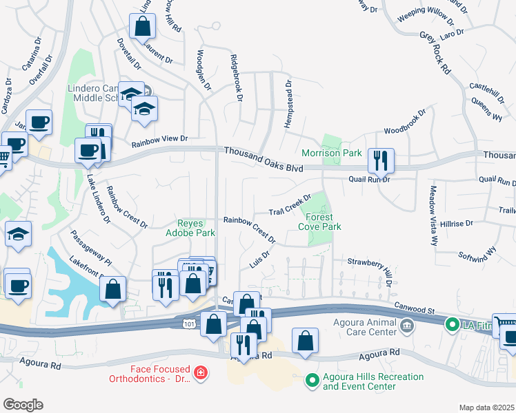 map of restaurants, bars, coffee shops, grocery stores, and more near 5530 Alfredo Court in Agoura Hills