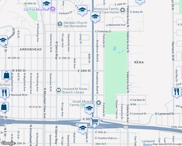 map of restaurants, bars, coffee shops, grocery stores, and more near 3347 Belle Street in San Bernardino