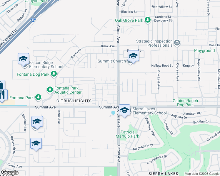 map of restaurants, bars, coffee shops, grocery stores, and more near 5604 Bertini Way in Fontana