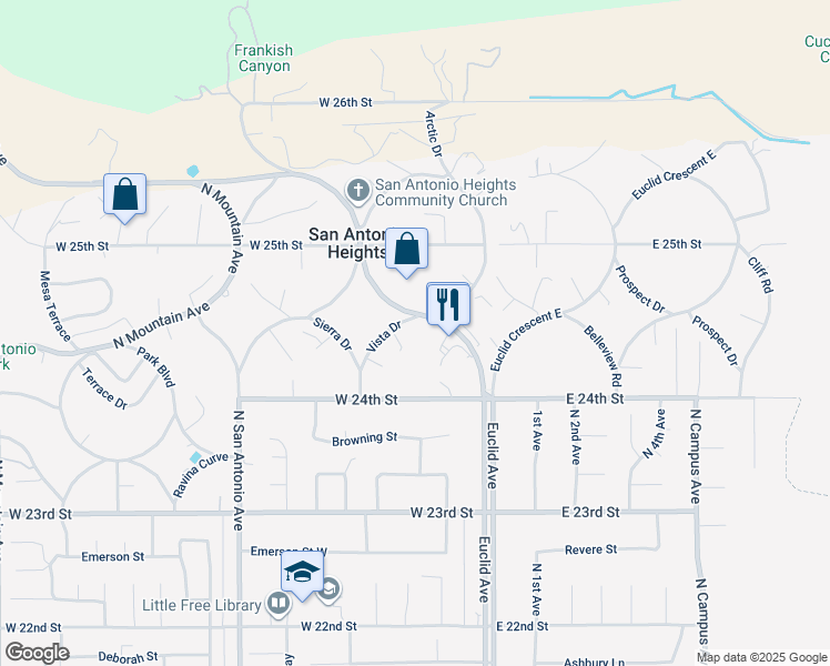 map of restaurants, bars, coffee shops, grocery stores, and more near 2450 Moorea Lane in Upland