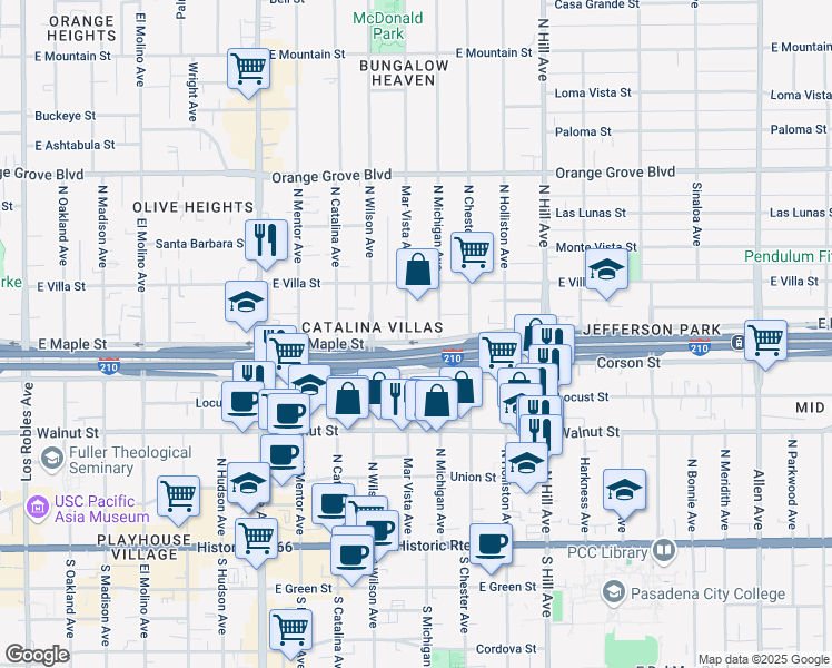 map of restaurants, bars, coffee shops, grocery stores, and more near 1165 East Maple Street in Pasadena