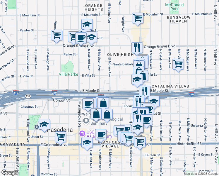 map of restaurants, bars, coffee shops, grocery stores, and more near 378 North El Molino Avenue in Pasadena