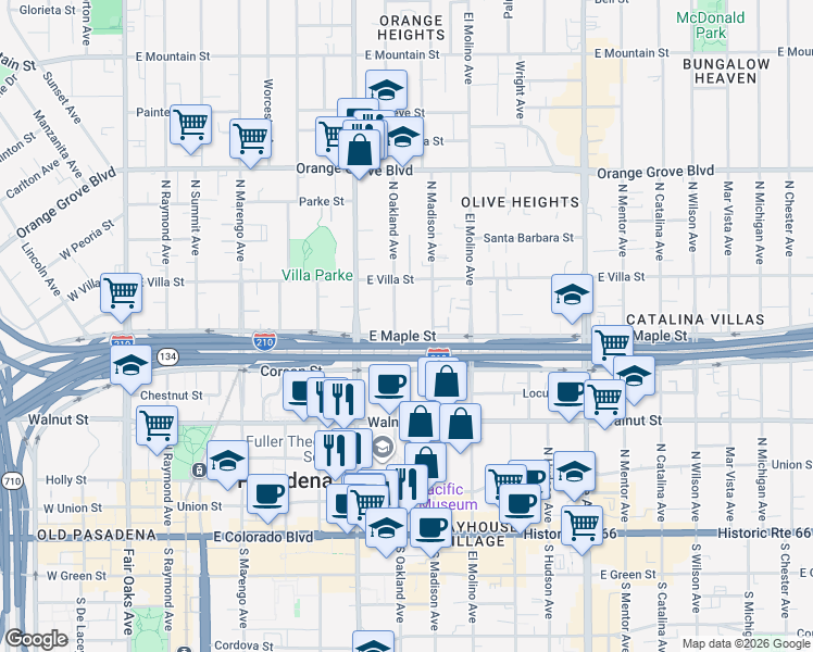 map of restaurants, bars, coffee shops, grocery stores, and more near 383 North Oakland Avenue in Pasadena