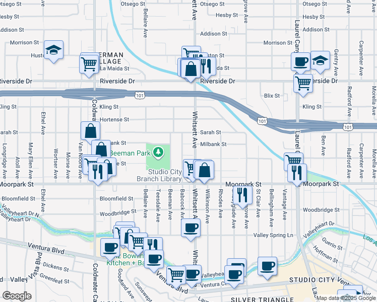 map of restaurants, bars, coffee shops, grocery stores, and more near 12502 Landale Street in Los Angeles