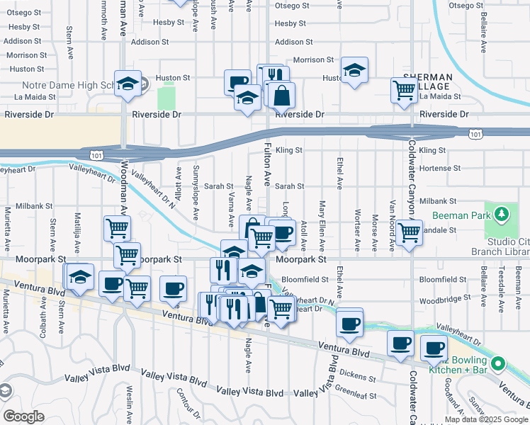 map of restaurants, bars, coffee shops, grocery stores, and more near 4450 Fulton Avenue in Los Angeles