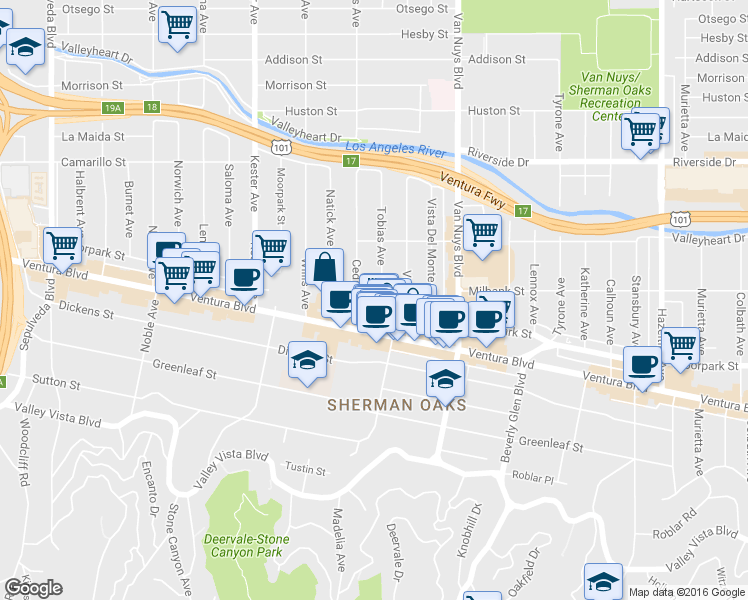 map of restaurants, bars, coffee shops, grocery stores, and more near 14635 Ventura Boulevard in Los Angeles