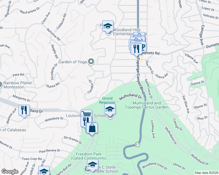 map of restaurants, bars, coffee shops, grocery stores, and more near 4730 San Feliciano Drive in Los Angeles