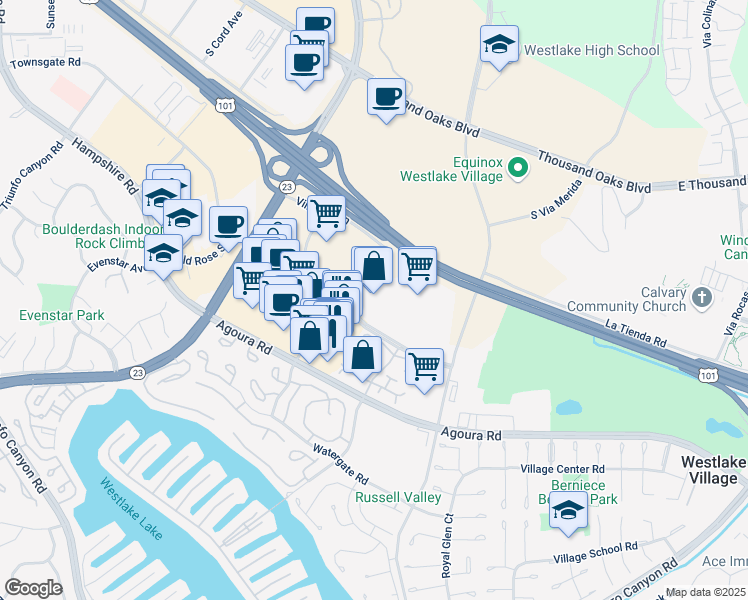 map of restaurants, bars, coffee shops, grocery stores, and more near 2965 Winding Lane in Westlake Village