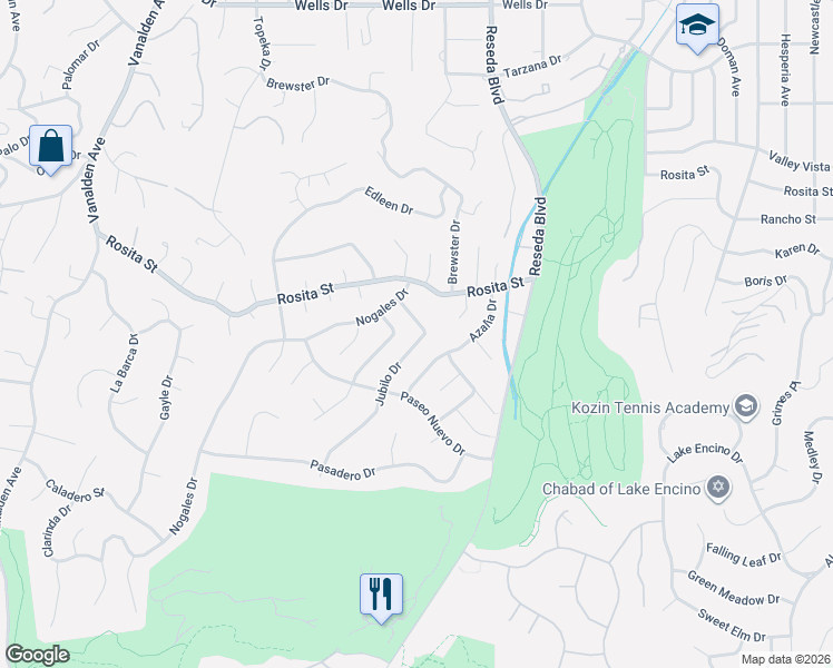 map of restaurants, bars, coffee shops, grocery stores, and more near 4511 Jubilo Drive in Los Angeles