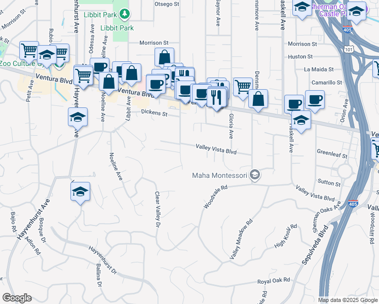 map of restaurants, bars, coffee shops, grocery stores, and more near 16032 Valley Vista Boulevard in Los Angeles