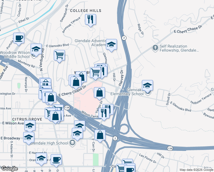 map of restaurants, bars, coffee shops, grocery stores, and more near 1809 Orchard Avenue in Glendale