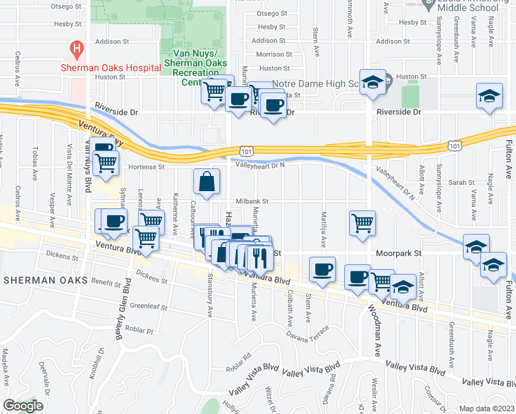 map of restaurants, bars, coffee shops, grocery stores, and more near 4484 Murietta Avenue in Los Angeles