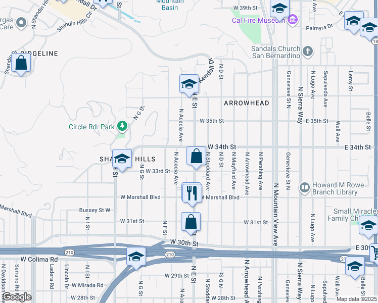 map of restaurants, bars, coffee shops, grocery stores, and more near 3376 North E Street in San Bernardino