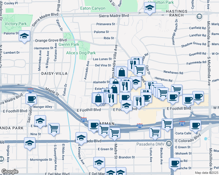 map of restaurants, bars, coffee shops, grocery stores, and more near 371 Sierra Madre Boulevard in Pasadena