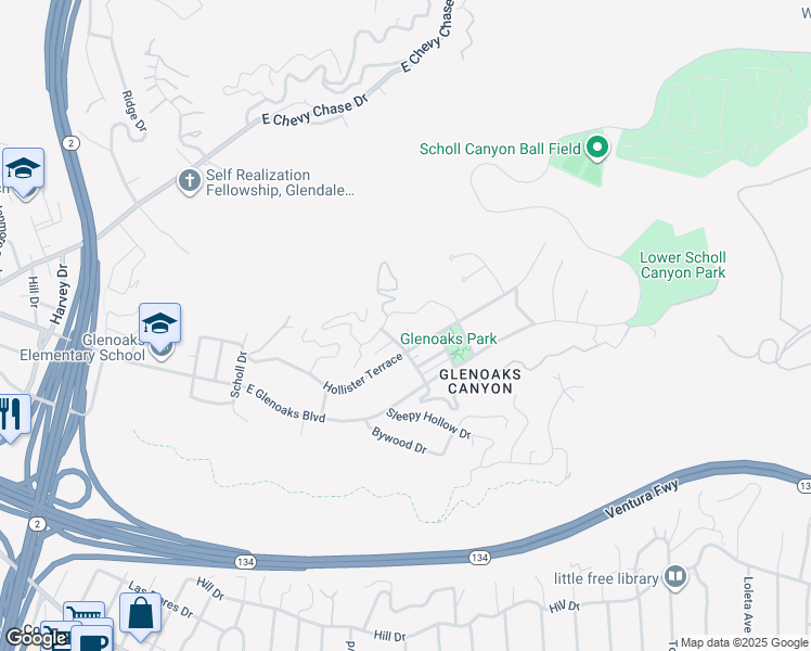 map of restaurants, bars, coffee shops, grocery stores, and more near 2 North Glendale Avenue in Glendale