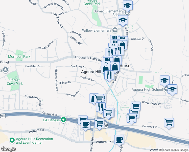 map of restaurants, bars, coffee shops, grocery stores, and more near 29140 Quail Run Drive in Agoura Hills