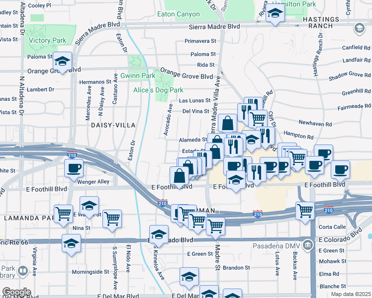map of restaurants, bars, coffee shops, grocery stores, and more near 3189 Estado Street in Pasadena