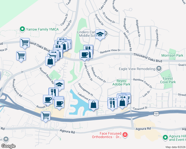 map of restaurants, bars, coffee shops, grocery stores, and more near 5603 Rainbow Crest Drive in Agoura Hills