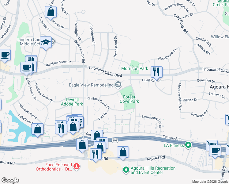 map of restaurants, bars, coffee shops, grocery stores, and more near 30001 Trail Creek Drive in Agoura Hills