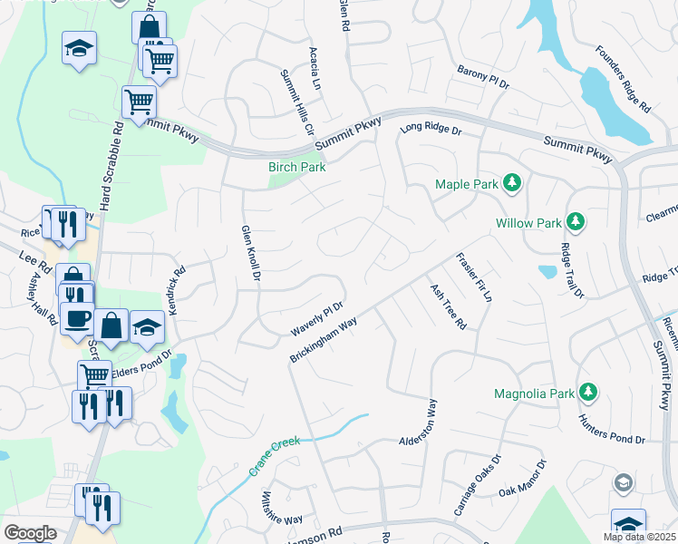 map of restaurants, bars, coffee shops, grocery stores, and more near 1213 Waverly Place Lane in Columbia