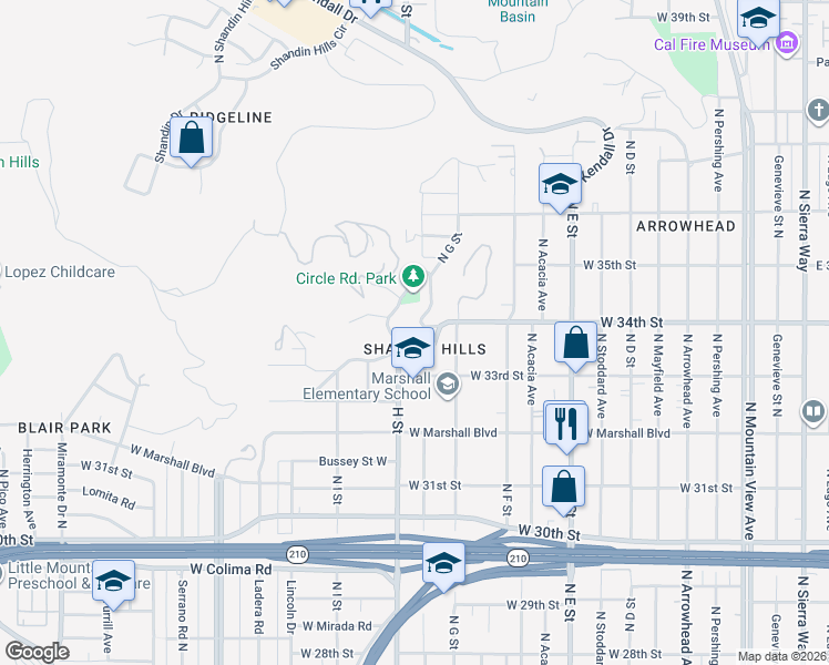 map of restaurants, bars, coffee shops, grocery stores, and more near 3492 Circle Road in San Bernardino