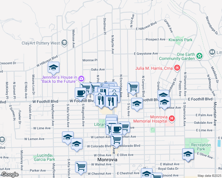 map of restaurants, bars, coffee shops, grocery stores, and more near 114 Stedman Place in Monrovia