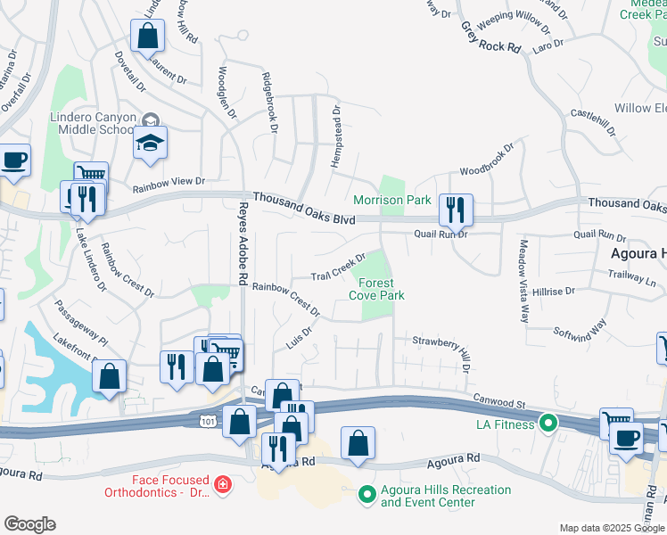 map of restaurants, bars, coffee shops, grocery stores, and more near 30001 Trail Creek Drive in Agoura Hills