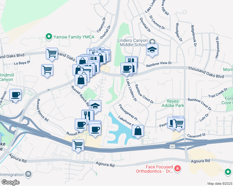 map of restaurants, bars, coffee shops, grocery stores, and more near 5625 Slicers Circle in Agoura Hills