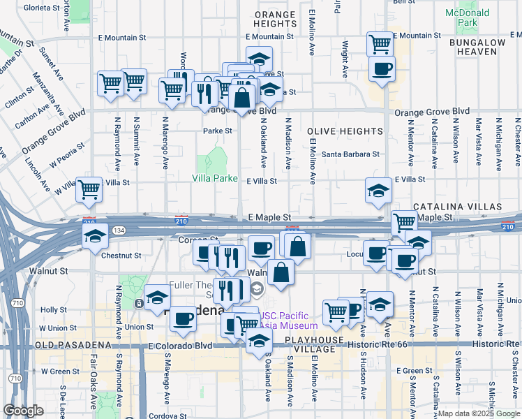 map of restaurants, bars, coffee shops, grocery stores, and more near 395 North Oakland Avenue in Pasadena