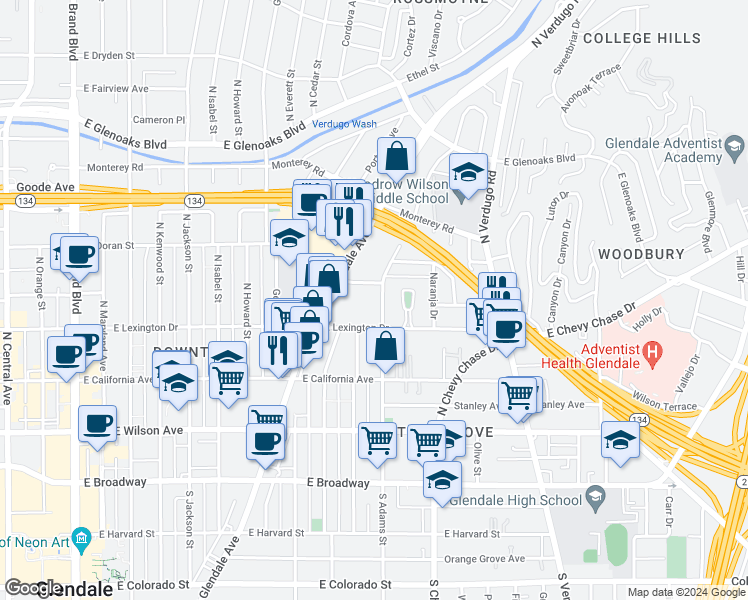map of restaurants, bars, coffee shops, grocery stores, and more near 427 North Adams Street in Glendale
