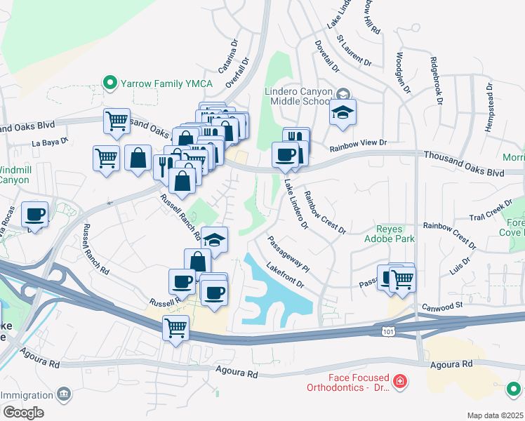 map of restaurants, bars, coffee shops, grocery stores, and more near 5625 Slicers Circle in Agoura Hills