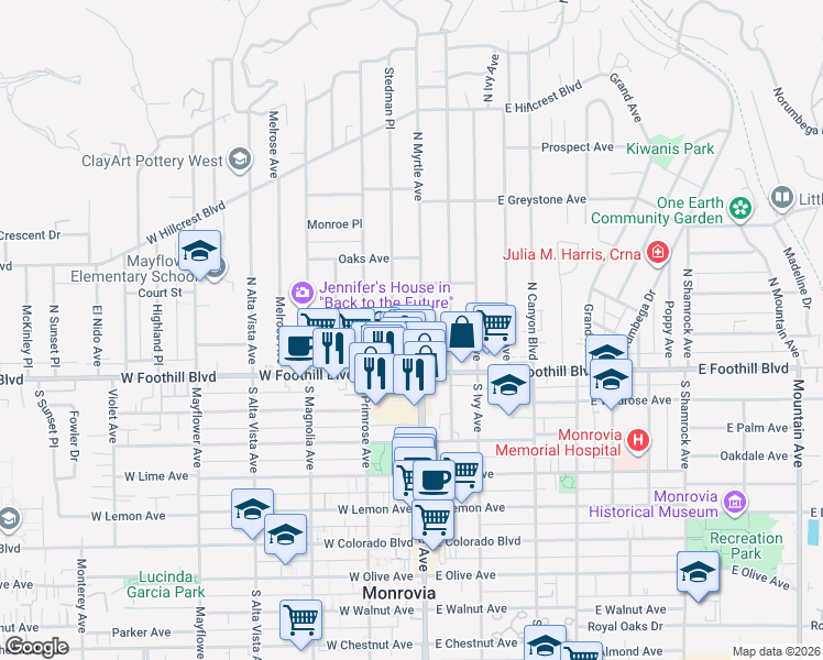 map of restaurants, bars, coffee shops, grocery stores, and more near 137 North Myrtle Avenue in Monrovia