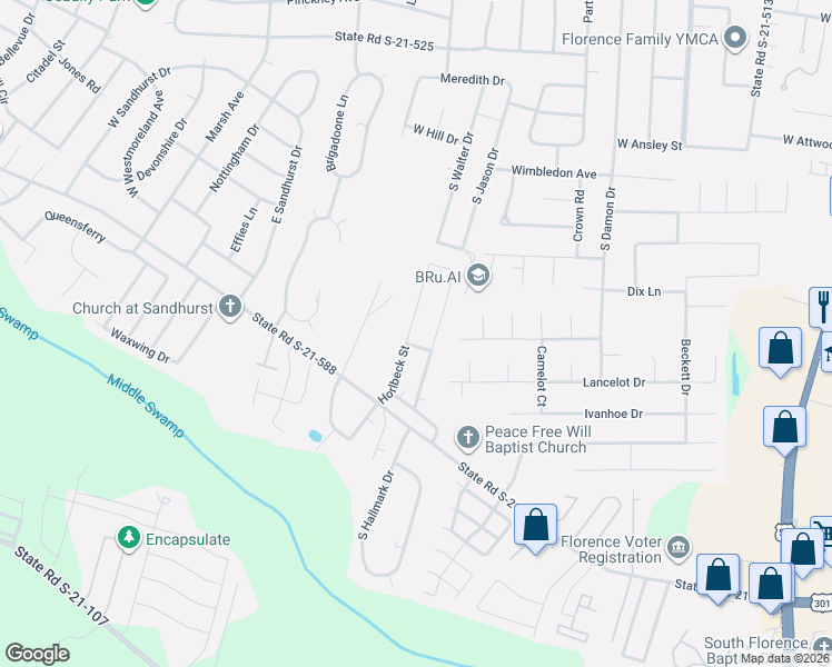 map of restaurants, bars, coffee shops, grocery stores, and more near 1923 South Horlbeck Street in Florence
