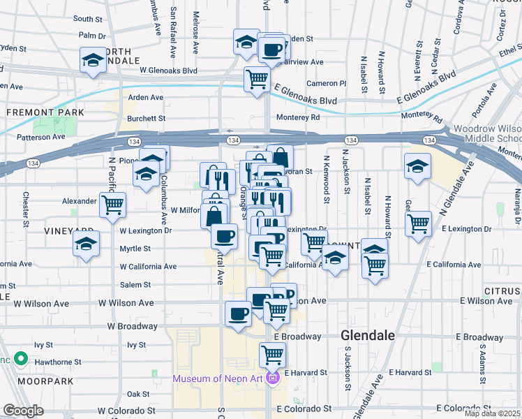 map of restaurants, bars, coffee shops, grocery stores, and more near 505 North Brand Boulevard in Glendale