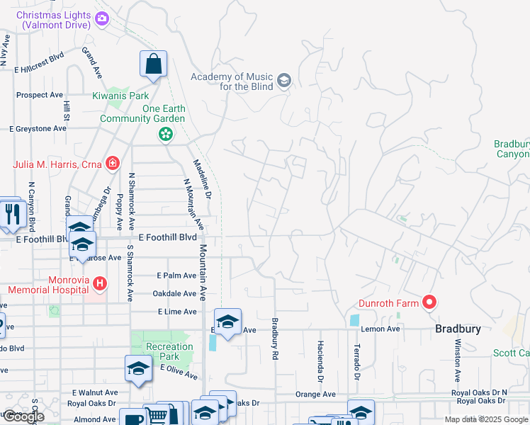 map of restaurants, bars, coffee shops, grocery stores, and more near 61 Palm Hill Lane in Bradbury