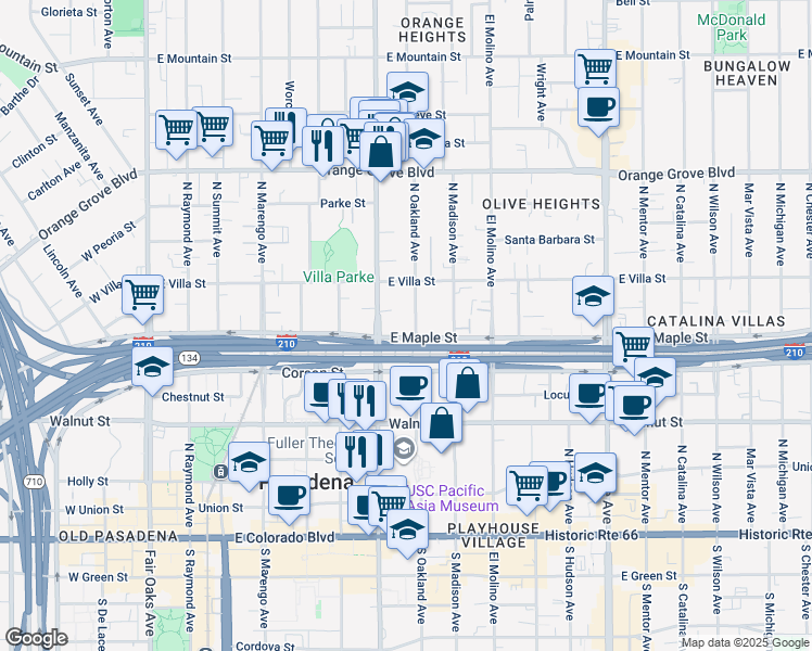 map of restaurants, bars, coffee shops, grocery stores, and more near 395 North Oakland Avenue in Pasadena