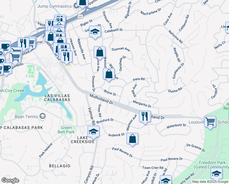 map of restaurants, bars, coffee shops, grocery stores, and more near 23045 Mosby Street in Los Angeles