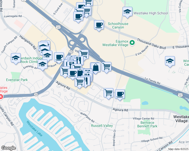 map of restaurants, bars, coffee shops, grocery stores, and more near 2945 Townsgate Road in Westlake Village