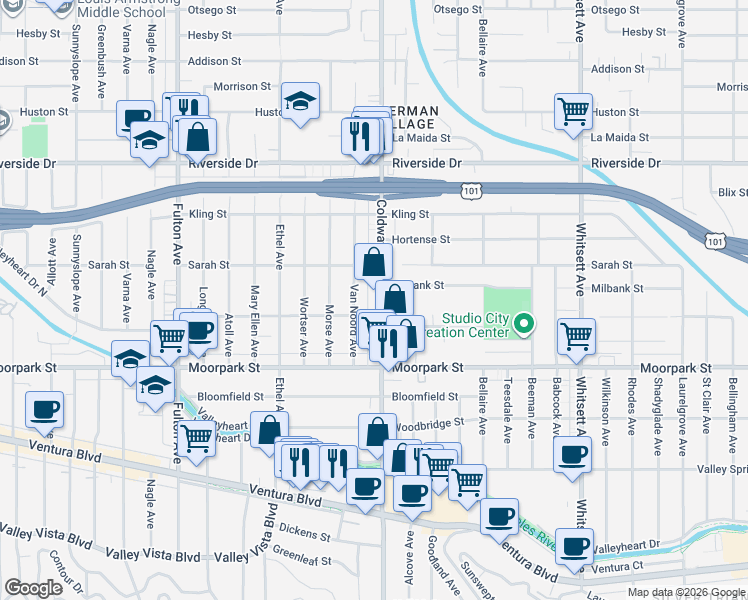 map of restaurants, bars, coffee shops, grocery stores, and more near 4519 Coldwater Canyon Avenue in Studio City