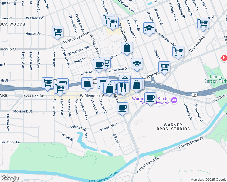 map of restaurants, bars, coffee shops, grocery stores, and more near West Alameda Avenue & North Pass Avenue in Burbank