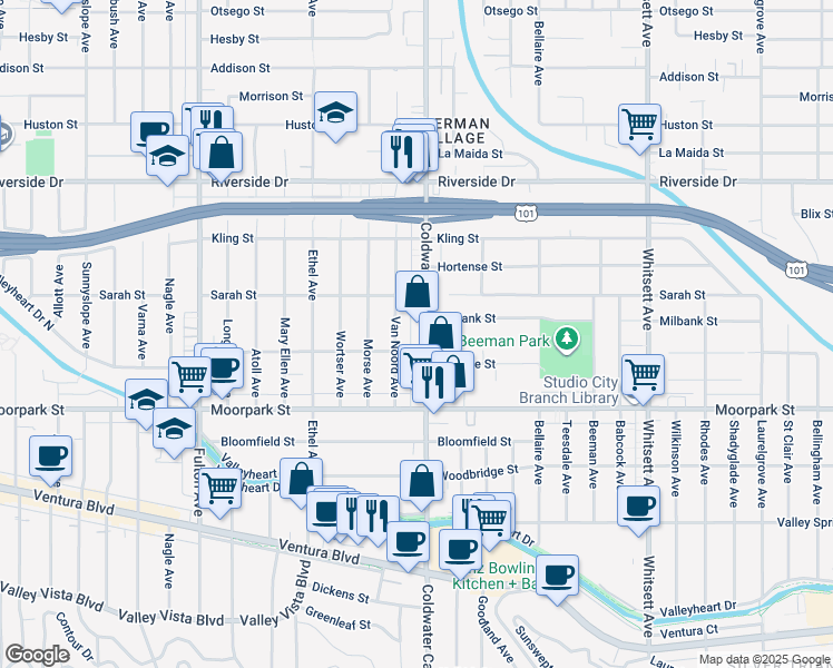 map of restaurants, bars, coffee shops, grocery stores, and more near 4519 Coldwater Canyon Avenue in Los Angeles