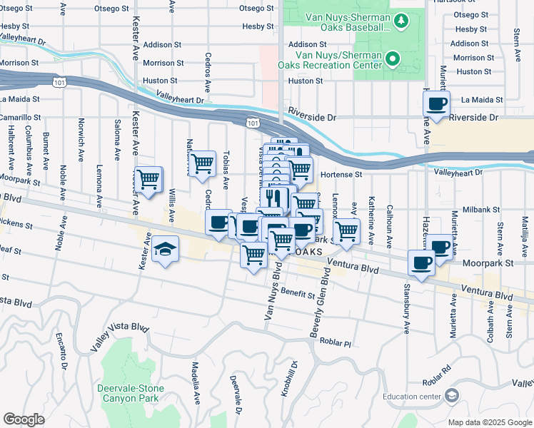 map of restaurants, bars, coffee shops, grocery stores, and more near in Los Angeles