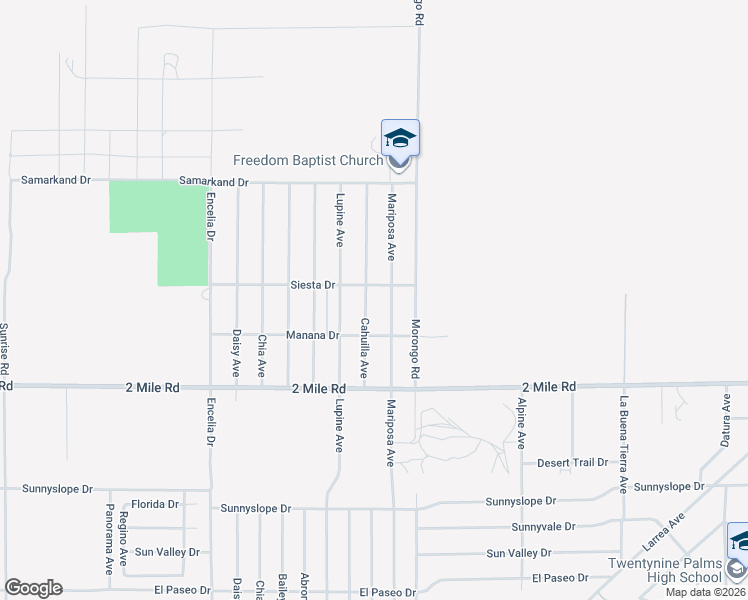 map of restaurants, bars, coffee shops, grocery stores, and more near 5531 Cahuilla Avenue in Twentynine Palms