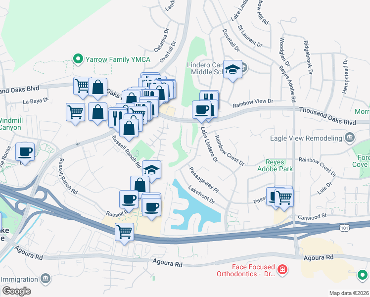 map of restaurants, bars, coffee shops, grocery stores, and more near 5645 Slicers Circle in Agoura Hills
