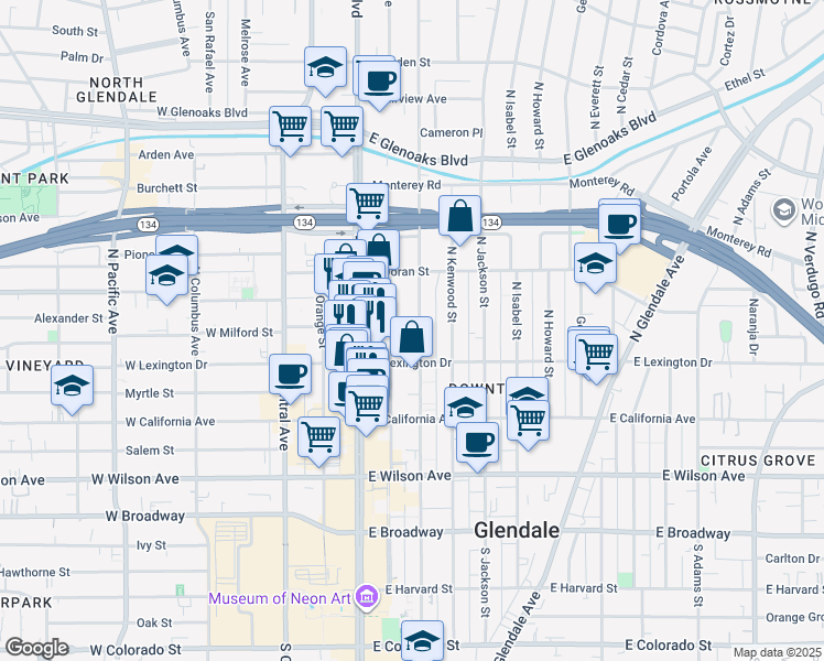 map of restaurants, bars, coffee shops, grocery stores, and more near 433 North Louise Street in Glendale