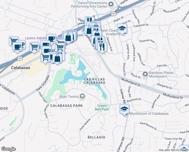 map of restaurants, bars, coffee shops, grocery stores, and more near 4724 Park Jacaranda in Calabasas